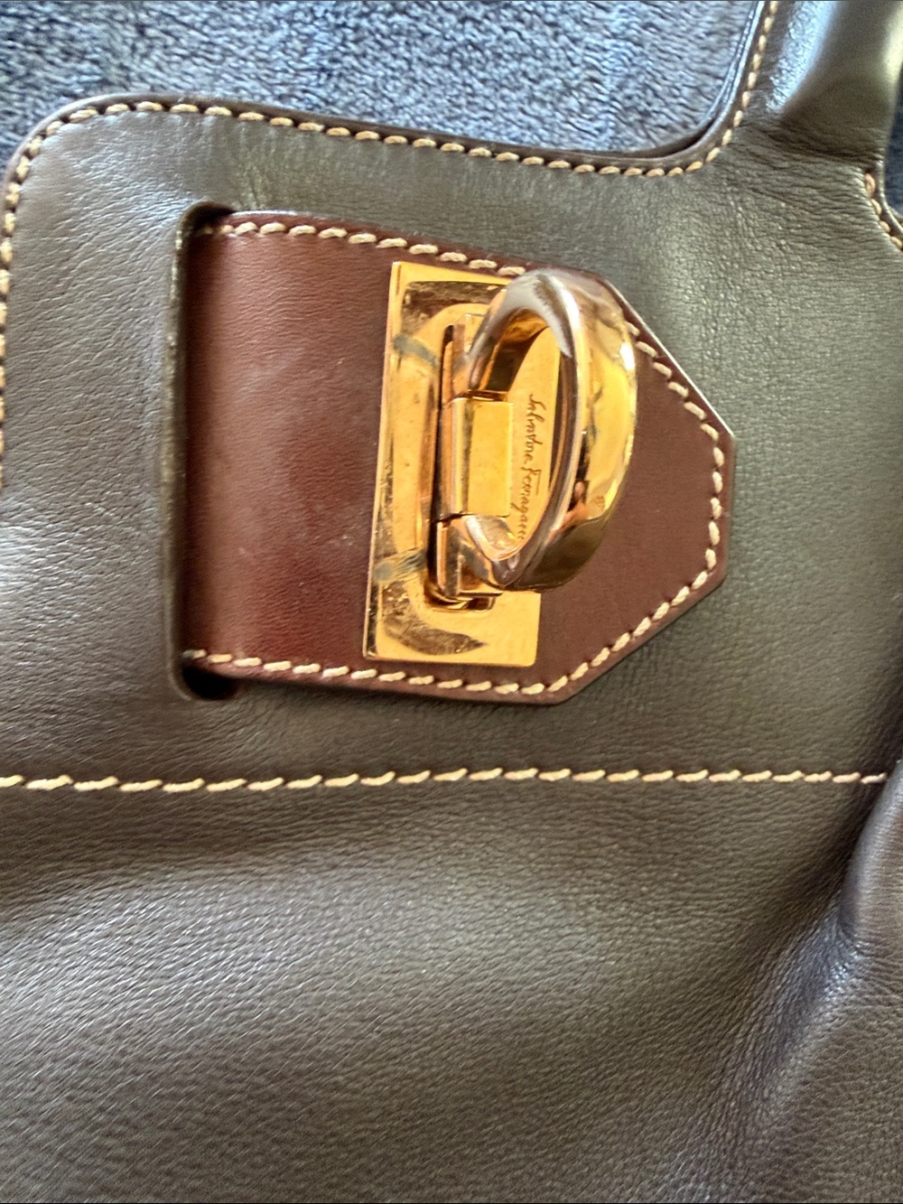 Authentic Brown Leather Tote with Gold Hardware - Picture 10 of 17